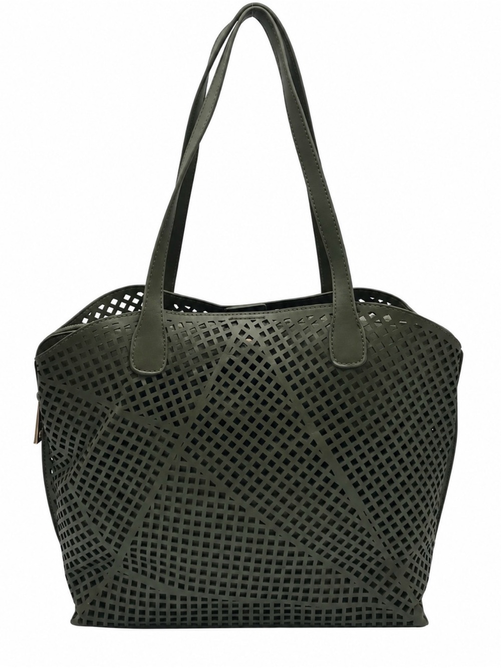 Anthropologie Street Level Olive Green Faux Leather Laser-Cut Tote Like New